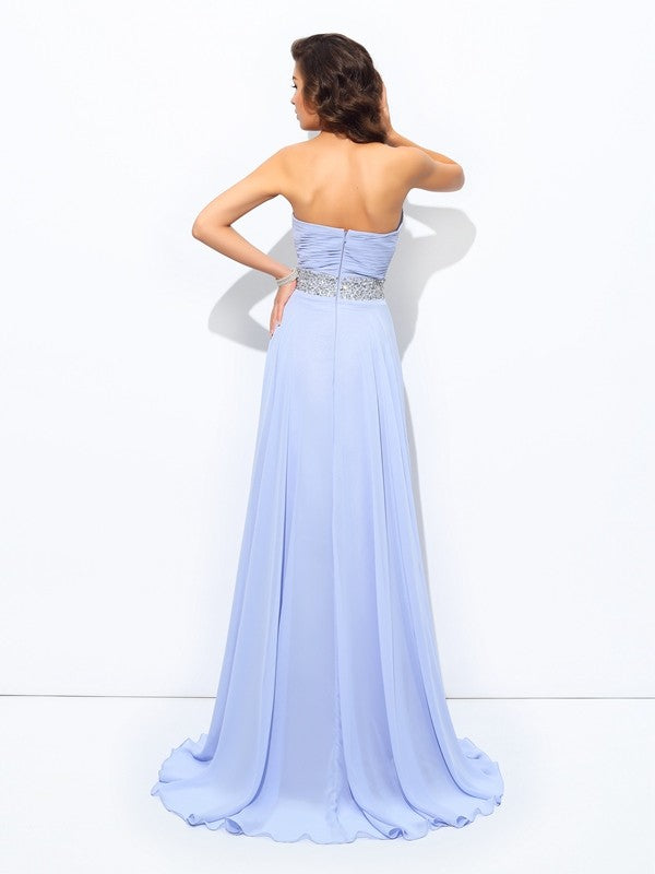 Vestidos largos de gasa sin mangas con escote corazón y cuentas, corte princesa/A